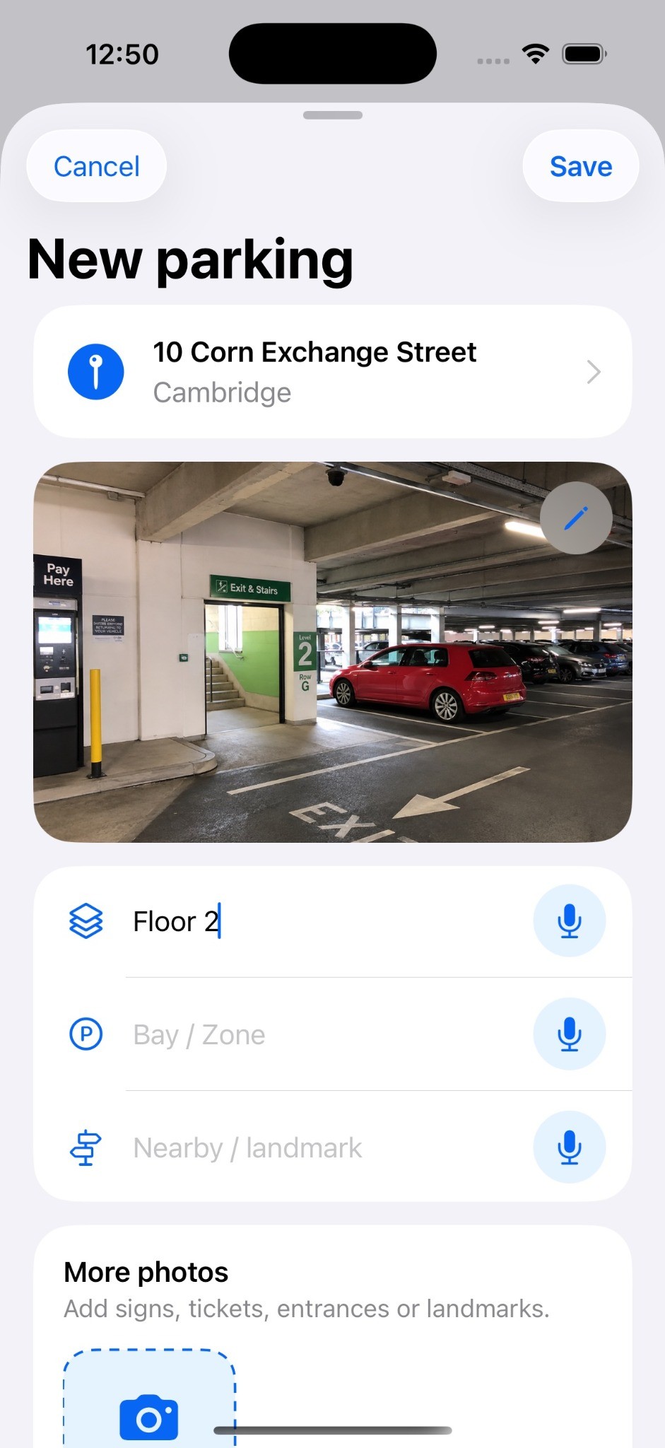 New parking screen with a photo and parking details