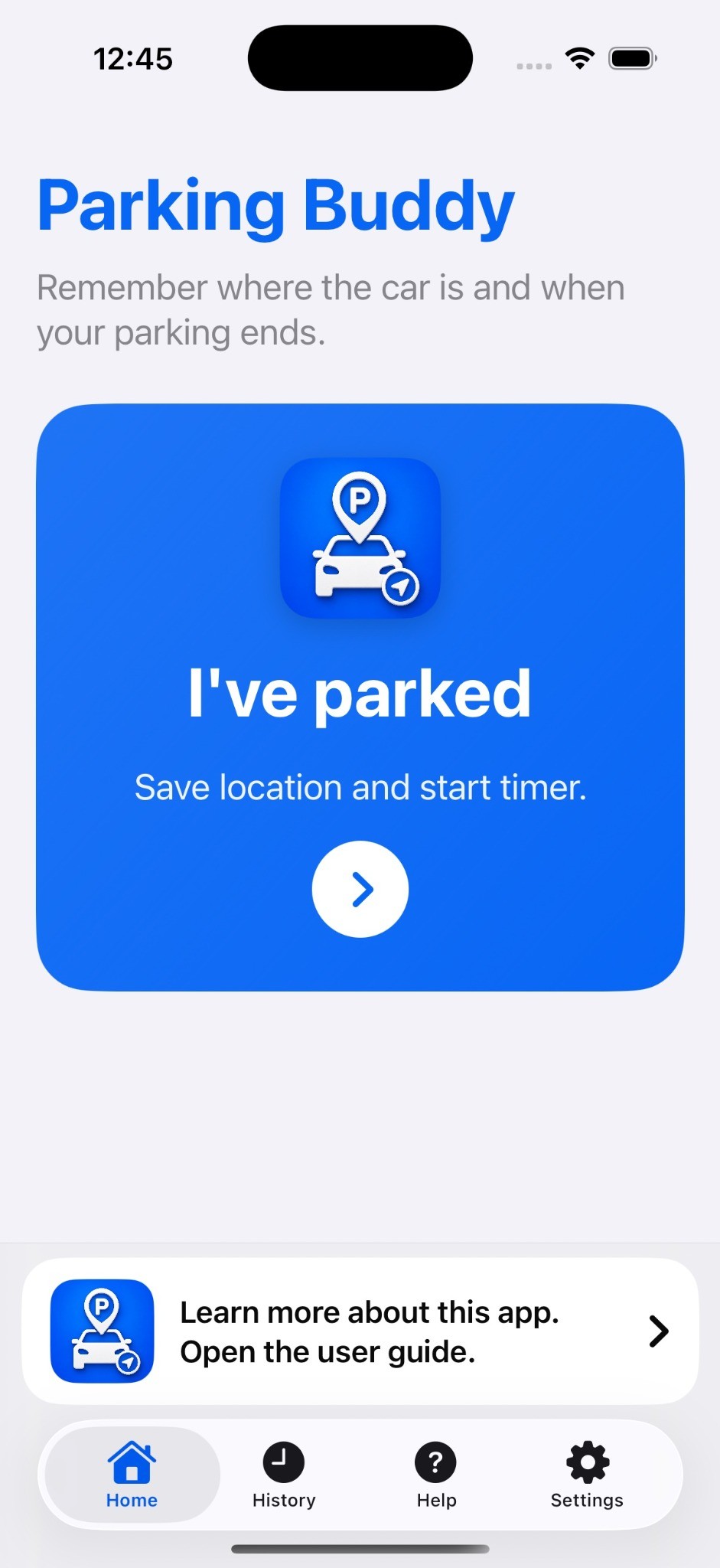My Parking Buddy home screen with the I've parked button