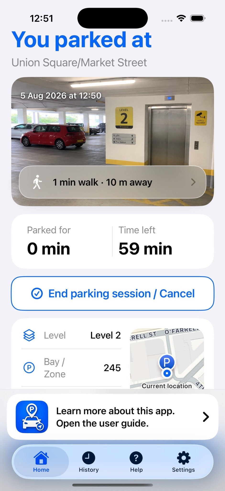 Active parking screen showing walking distance and time remaining